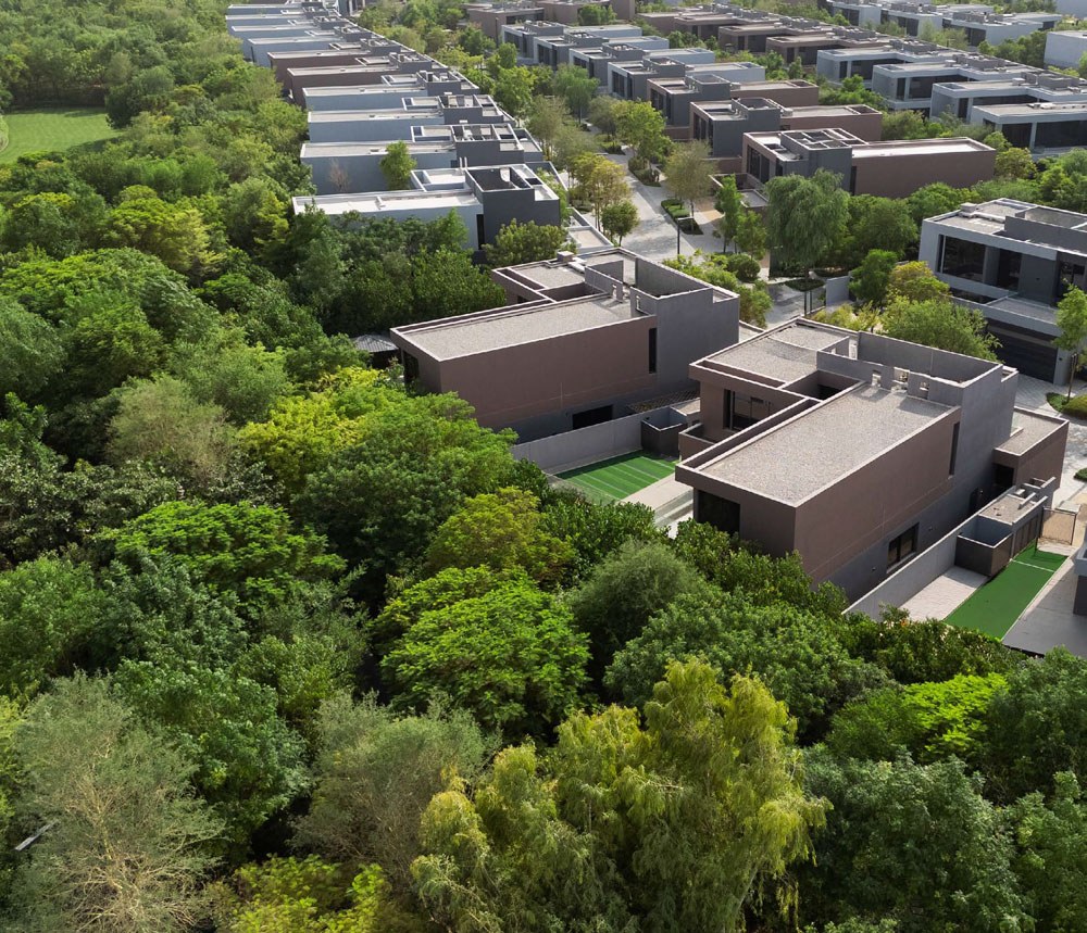 Aerial rendering of Masaar homes surrounded by trees