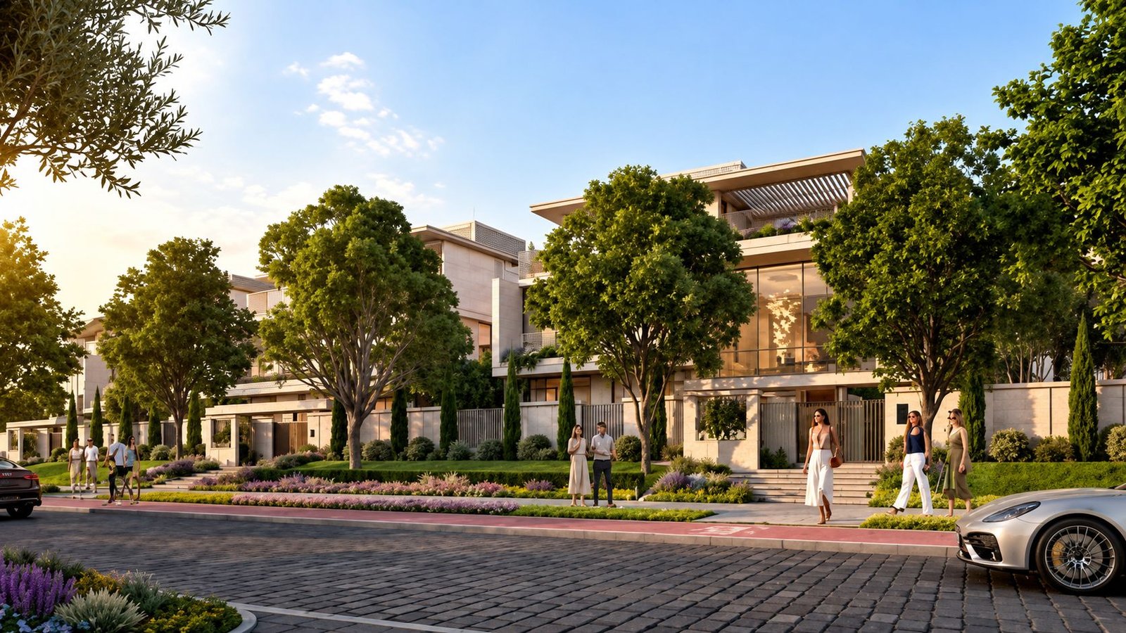 Tree-lined street and villas at Azizi Florence