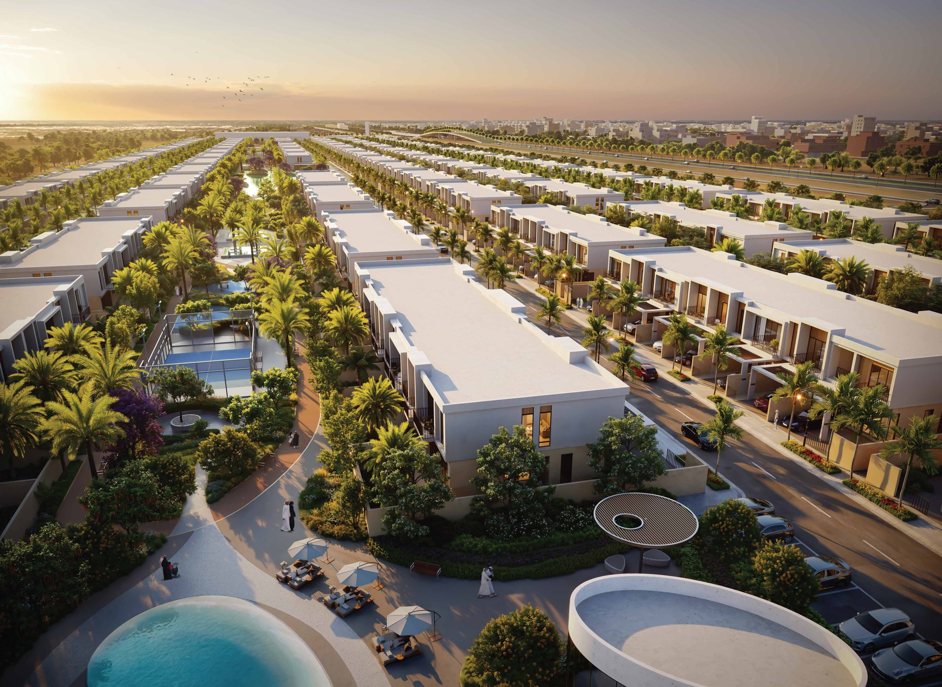 Aerial view of Sukoon homes, landscaped paths and lagoon